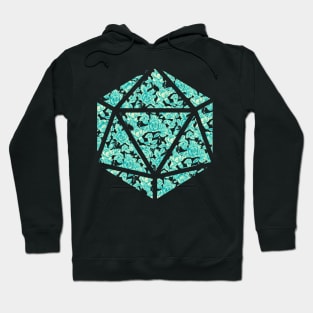 Neon Aqua Blue Gradient Rose Vintage Pattern Silhouette D20 - Subtle Dungeons and Dragons Design Hoodie